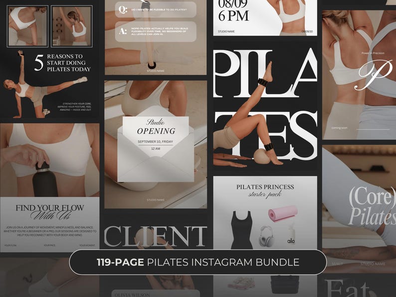 May include: A collage of images promoting Pilates, featuring women in activewear, studio opening details, and the text "119-PAGE PILATES INSTAGRAM BUNDLE." The images include workout poses, a starter pack, and the words "Pilates Princess."