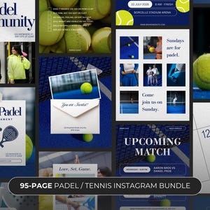 May include: A collage of promotional graphics for padel and tennis events. The design features tennis balls, event details, and the text "Padel Community" and "Fun Padel Tournament." The bundle includes 95 pages of Instagram templates.