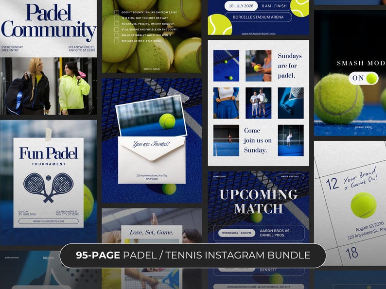 May include: A collage of promotional graphics for padel and tennis events. The design features tennis balls, event details, and the text "Padel Community" and "Fun Padel Tournament." The bundle includes 95 pages of Instagram templates.