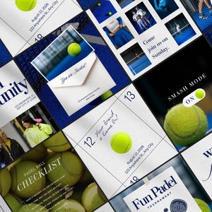 May include: A collage of images promoting a padel tournament and community events. The design features tennis balls, blue and white backgrounds, and text such as "Padel Community" and "Fun Padel Tournament". Some images include the text "Smash Mode On".
