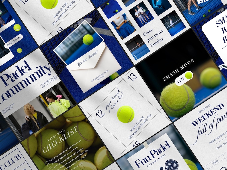 May include: A collage of images promoting a padel tournament and community events. The design features tennis balls, blue and white backgrounds, and text such as "Padel Community" and "Fun Padel Tournament". Some images include the text "Smash Mode On".