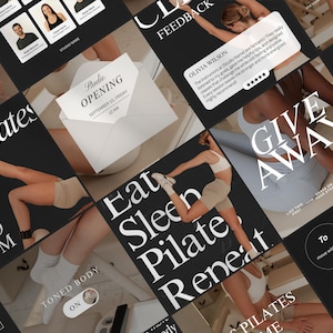 May include: A collage of social media posts promoting a Pilates studio. The posts feature images of people exercising, along with text that reads "Eat Sleep Pilates Repeat," "Studio Opening September 10, Friday 12 AM," and "Give Away."