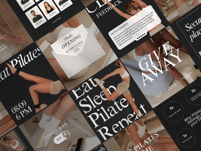 May include: A collage of social media posts promoting a Pilates studio. The posts feature images of people exercising, along with text that reads "Eat Sleep Pilates Repeat," "Studio Opening September 10, Friday 12 AM," and "Give Away."