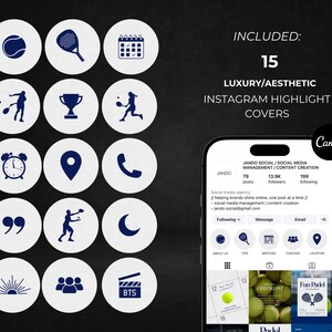 May include: A collection of 15 Instagram highlight covers with white circles and navy blue icons, including a tennis ball, racket, calendar, and alarm clock. The text "INCLUDED: 15 LUXURY/AESTHETIC INSTAGRAM HIGHLIGHT COVERS" is displayed.