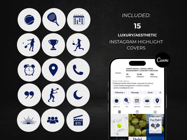 May include: A collection of 15 Instagram highlight covers with white circles and navy blue icons, including a tennis ball, racket, calendar, and alarm clock. The text "INCLUDED: 15 LUXURY/AESTHETIC INSTAGRAM HIGHLIGHT COVERS" is displayed.