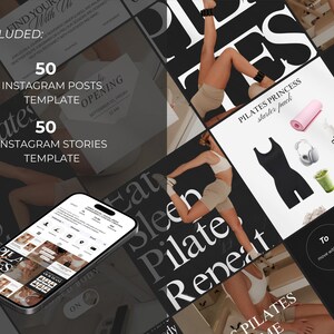May include: A promotional image for Pilates, featuring a smartphone, templates, and fitness-related items. The image includes text that says "50 Instagram Posts Template" and "50 Instagram Stories Template". Other items include a black bodysuit, a pink yoga mat, and headphones.
