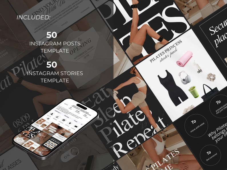 May include: A promotional image for Pilates, featuring a smartphone, templates, and fitness-related items. The image includes text that says "50 Instagram Posts Template" and "50 Instagram Stories Template". Other items include a black bodysuit, a pink yoga mat, and headphones.