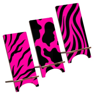 Zebra Print Wood Phone Stand, Animal Lover Holder for iPhone 14 13 12 11 Pro Max, Samsung S23 S22 S21, Pixel 7A Pro 6A