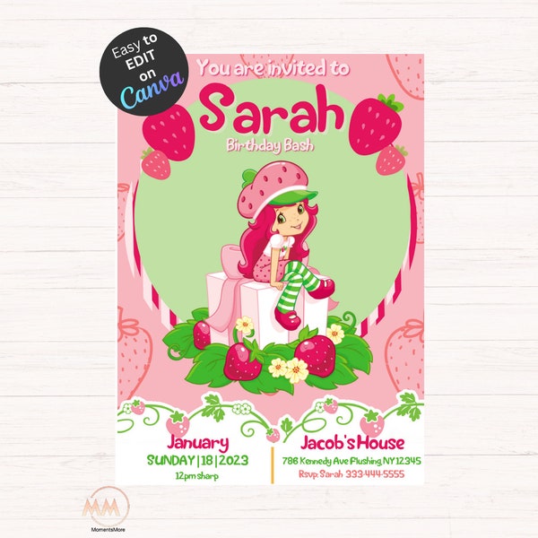 Strawberry Shortcake Birthday Card Invitation- Digital