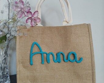 Borsa in juta personalizzata con scritta in tricotin Festa della mamma