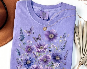 Lavender Floral Tee – Butterfly Garden Design, Purple Flower and Butterfly Shirt – Soft and Spiritual Tee, Purple Petals & Butterfly Shirt.
