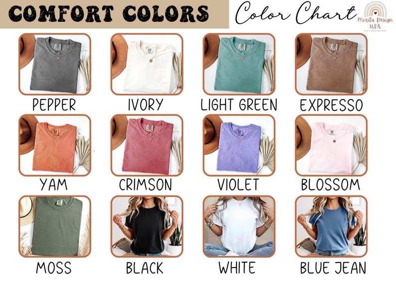 May include: Color chart showcasing Comfort Colors t-shirts in various hues. The image displays shirts in colors like Pepper, Ivory, Light Green, Expresso, Yam, Crimson, Violet, Blossom, Moss, Black, White, and Blue Jean. Each shirt is displayed with a hat.