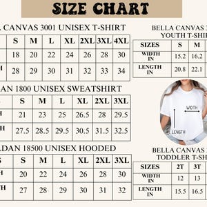 May include: Size chart for Bella Canvas 3001 unisex t-shirt, Bella Canvas 3001Y youth t-shirt, Gildan 1800 unisex sweatshirt, Gildan 18500 unisex hooded sweatshirt, and Bella Canvas 3001T toddler t-shirt. The chart lists sizes from S to 4XL and includes width and length measurements in inches.