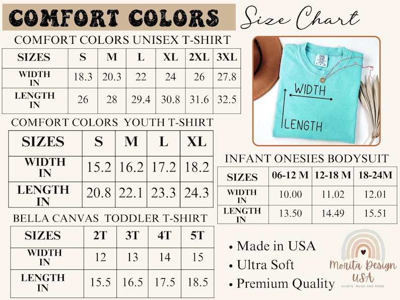 May include: A size chart for Comfort Colors unisex and youth t-shirts, Bella Canvas toddler t-shirts, and infant onesies. The chart displays width and length measurements in inches for various sizes, alongside a teal t-shirt showing measurement points.