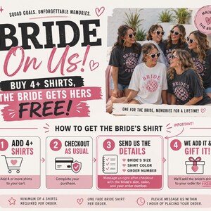 Puede incluir: Un gr&aacute;fico promocional para camisetas con el texto BRIDE On Us! e instrucciones para una promoci&oacute;n. La imagen muestra a un grupo con camisetas gris oscuro y blancas con gr&aacute;ficos de bolas de discoteca y el texto BRIDE o BRIDE'S CREW.