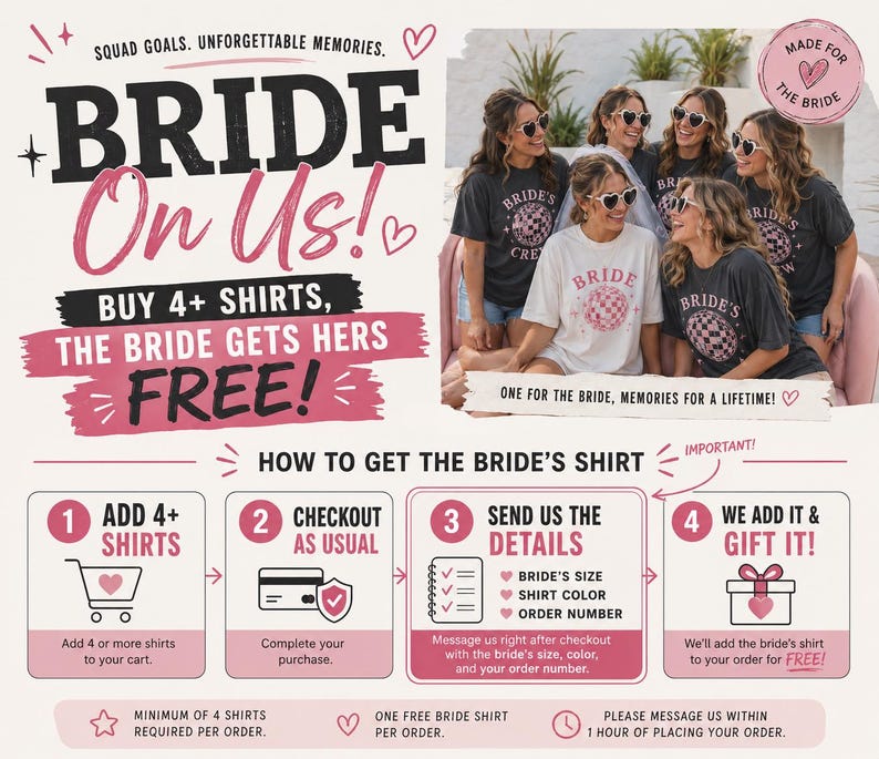 Puede incluir: Un gr&aacute;fico promocional para camisetas con el texto BRIDE On Us! e instrucciones para una promoci&oacute;n. La imagen muestra a un grupo con camisetas gris oscuro y blancas con gr&aacute;ficos de bolas de discoteca y el texto BRIDE o BRIDE'S CREW.