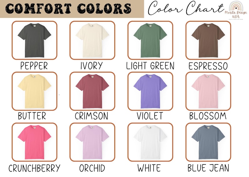 Puede incluir: Una carta de colores Comfort Colors que muestra doce camisetas de manga corta en varios tonos: pepper, ivory, light green, espresso, butter, crimson, violet, blossom, crunchberry, orchid, white y blue jean, cada una con su nombre.