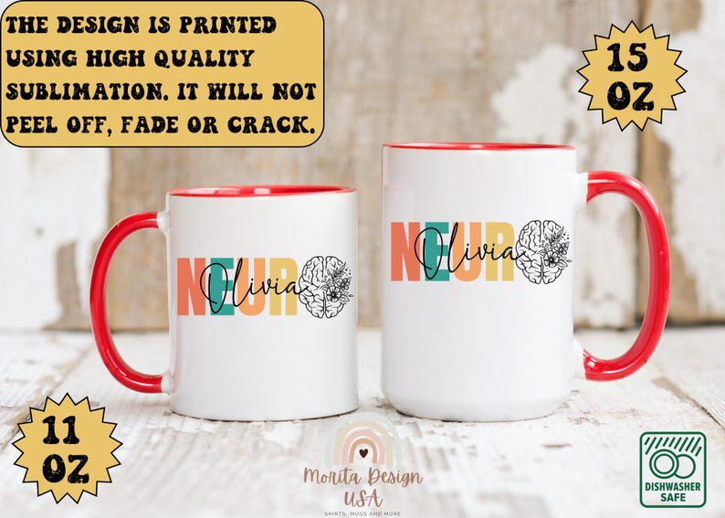 Op de afbeelding: Twee witte keramische mokken met rode randen. De mokken hebben een kleurrijke afbeelding van een brein met het woord "Neuro" en de naam "Olivia" erop gedrukt. De mokken zijn verkrijgbaar in de maten 11 oz en 15 oz.