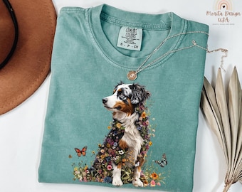 Australian Shepherd and Flowers Shirt – Nature-Inspired Design, Cottagecore Australian Shepherd Tee – Rustic Dog Aesthetic.