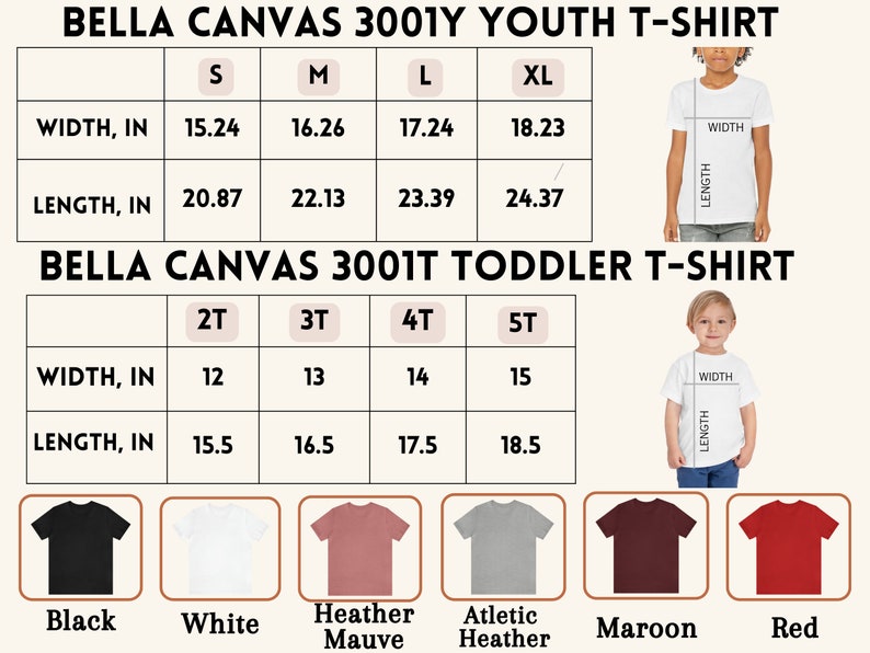 K&ouml;nnte beinhalten: Gr&ouml;&szlig;entabelle f&uuml;r Bella Canvas 3001Y Youth T-Shirt und Bella Canvas 3001T Toddler T-Shirt. Die Tabelle zeigt die Breite und L&auml;nge in Zoll f&uuml;r die Gr&ouml;&szlig;en S, M, L, XL, 2T, 3T, 4T und 5T. Die Tabelle zeigt auch sechs verschiedene T-Shirt-Farben: Schwarz, Wei&szlig;, Heather Mauve, Athletic Heather, Maroon und Rot.