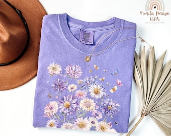 September aster flower shirt, ideal birthday gift, aster shirt, aster flower t-shirt for September birthdays, aster shirt for flower lovers.