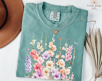 August Birth Flower Shirt, Gladiolus and Butterfly T-Shirt, August Gladiolus Flower Shirt, Bold Floral Shirt – Gladiolus Design.