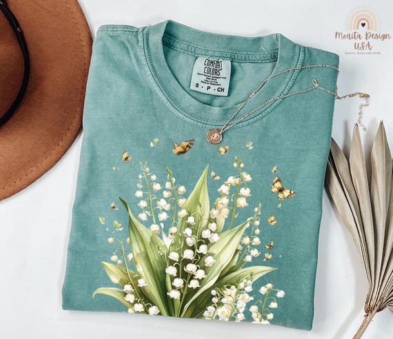 May Birthday Floral Shirt, Lily of the Valley Flower Shirt, May Birth Flower Shirt Lily of the Valley, Lily of the Valley and Butterfly Tee.
