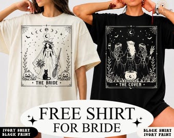 May include: An ivory t-shirt with a black graphic of a bride, a cat, and pumpkins, and a black t-shirt with an ivory graphic of three figures around a cauldron. Both shirts feature celestial motifs, spiderwebs, and the text THE BRIDE and THE COVEN.