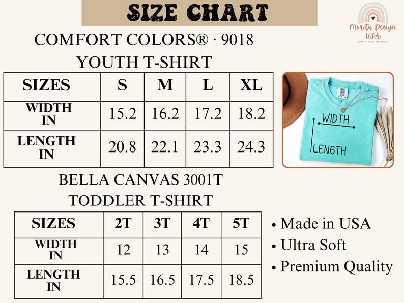 May include: Size chart for youth and toddler t-shirts. The chart includes measurements in inches for Comfort Colors and Bella Canvas t-shirts. The youth sizes range from S to XL, and toddler sizes range from 2T to 5T. The image also includes a turquoise t-shirt.