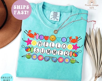 Hello Summer Shirt, Cute Beach Tee, Comfort Colors® Retro Summer Vacation Shirt, ,Women Tropical Gift Beach Lovers, Shirt for Ocean Lovers.