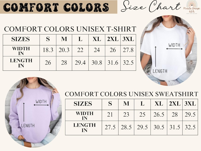 May include: Size chart for Comfort Colors unisex t-shirts and sweatshirts. The t-shirt sizes range from S to 3XL, with widths from 18.3 to 27.8 inches and lengths from 26 to 32.5 inches. Sweatshirt sizes range from S to 3XL.