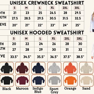K&ouml;nnte beinhalten: Gr&ouml;&szlig;entabelle f&uuml;r Unisex-Sweatshirts mit Rundhalsausschnitt und Kapuze. Die Tabelle zeigt die Ma&szlig;e f&uuml;r Breite, L&auml;nge und &Auml;rmel in Zoll f&uuml;r die Gr&ouml;&szlig;en S, M, L, XL, 2XL und 3XL. Die Tabelle zeigt auch 10 verschiedene Farboptionen f&uuml;r die Sweatshirts: Wei&szlig;, Schwarz, Rotbraun, Indigoblau, Sportgrau, Orange, Sand, Milit&auml;rgr&uuml;n.