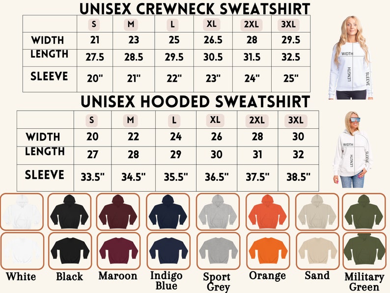 K&ouml;nnte beinhalten: Gr&ouml;&szlig;entabelle f&uuml;r Unisex-Sweatshirts mit Rundhalsausschnitt und Kapuze. Die Tabelle zeigt die Ma&szlig;e f&uuml;r Breite, L&auml;nge und &Auml;rmel in Zoll f&uuml;r die Gr&ouml;&szlig;en S, M, L, XL, 2XL und 3XL. Die Tabelle zeigt auch 10 verschiedene Farboptionen f&uuml;r die Sweatshirts: Wei&szlig;, Schwarz, Rotbraun, Indigoblau, Sportgrau, Orange, Sand, Milit&auml;rgr&uuml;n.