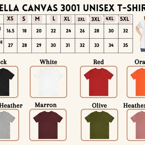 K&ouml;nnte beinhalten: Gr&ouml;&szlig;entabelle f&uuml;r Bella Canvas 3001 Unisex-T-Shirts, die die Breite und L&auml;nge in Zoll f&uuml;r die Gr&ouml;&szlig;en XS bis 5XL angibt. Die Tabelle zeigt auch eine Vielzahl von T-Shirt-Farben, darunter Schwarz, Wei&szlig;, Rot, Orange, Athletik-Heather, Marron, Olive und Heather Mauve.