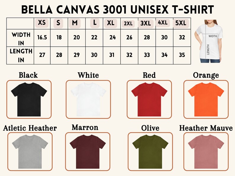 K&ouml;nnte beinhalten: Gr&ouml;&szlig;entabelle f&uuml;r Bella Canvas 3001 Unisex-T-Shirts, die die Breite und L&auml;nge in Zoll f&uuml;r die Gr&ouml;&szlig;en XS bis 5XL angibt. Die Tabelle zeigt auch eine Vielzahl von T-Shirt-Farben, darunter Schwarz, Wei&szlig;, Rot, Orange, Athletik-Heather, Marron, Olive und Heather Mauve.