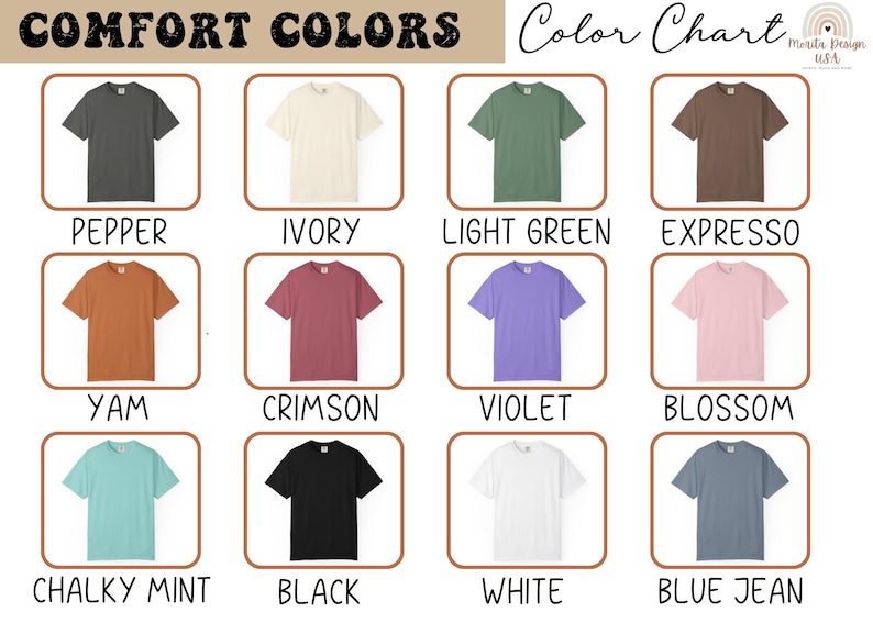 May include: Color chart showcasing Comfort Colors t-shirts in various hues. The image displays a grid of shirts in colors like pepper, ivory, light green, and expresso. Other colors include yam, crimson, violet, blossom, chalky mint, black, white, and blue jean.