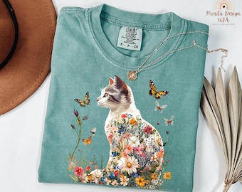 Floral Cat Shirt, Cat Lover Gift, Wildflowers Cat Shirt, Cottagecore Cat Shirt – Whimsical Floral Cat Tee for Nature Lovers, Flower Cat.