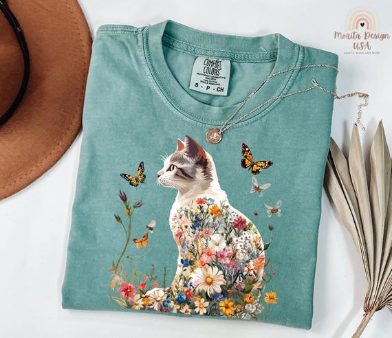 Floral Cat Shirt, Cat Lover Gift, Wildflowers Cat Shirt, Cottagecore Cat Shirt – Whimsical Floral Cat Tee for Nature Lovers, Flower Cat.