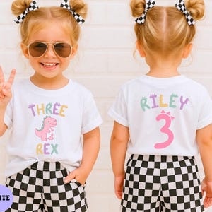 Three Rex Birthday Shirt Girl, Personalized Dinosaur Birthday Shirt, Kids Pink Dino Party Outfit, Custom Name Age Third Birthday Tee.