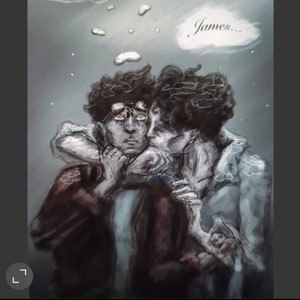 May include: An illustration depicts two figures embracing underwater. One figure, in a maroon jacket, appears distressed, with green eyes and a worried expression. The other figure, in a light blue jacket, embraces the first. A speech bubble says "James..."