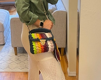 Handmade Bag/Colorful Knit Bag/Hand woven Bag/Crochet bag/Crossbody-Bag/Luxury Women's Bag/Gift For Her/T-shirt Yarn/Knit Bag