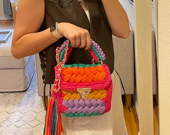 Multicolor Handmade/Colorful Knit Bag/Hand woven Bag/T-shirt yarn/Crossbody-Hand Bag/Gift For Her/Crochet Bag/Designer Bag/
