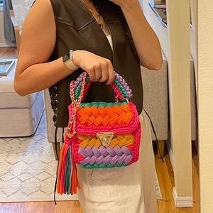 Multicolor Handmade/Colorful Knit Bag/Hand woven Bag/T-shirt yarn/Crossbody-Hand Bag/Gift For Her/Crochet Bag/Designer Bag/