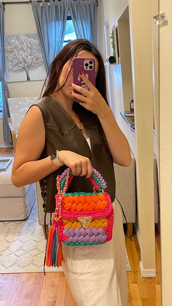 Multicolor Handmade/Colorful Knit Bag/Hand woven Bag/T-shirt yarn/Crossbody-Hand Bag/Gift For Her/Crochet Bag/Designer Bag/