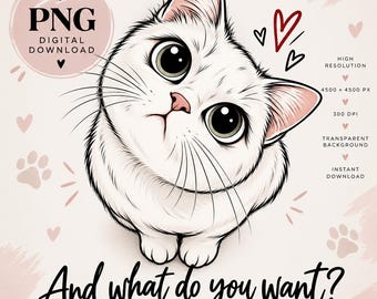 Imagen PNG de un gato sarcástico y crítico, diseño divertido de un gato (descarga digital).