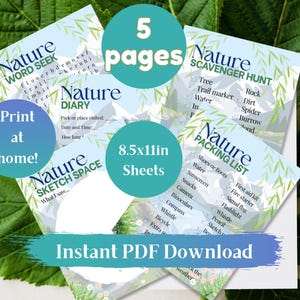 May include: A collection of five printable nature-themed activity sheets, including a word search, scavenger hunt, diary, sketch space, and packing list. The sheets are 8.5x11 inches and available for instant PDF download.