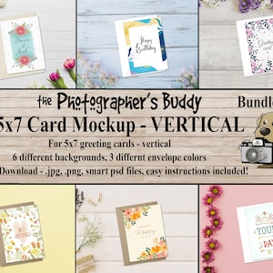 5x7 Greet Card Mockup, Vertikal, smart PSD, PNG, JPG, 6 Hintergrundauswahl, 3 Umschlagfarben (weiß, beige, kraft), Mockup Bundle