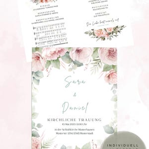 Könnte beinhalten: Hochzeitseinladungs-Set mit floralen Akzenten. Das Design zeigt die Namen "Sara & Daniel" und Veranstaltungsdetails. Enthält zusätzliche Karten mit Text und Noten, alles in einer weichen, romantischen Ästhetik.