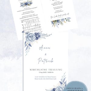 Könnte beinhalten: Hochzeitseinladungs-Set mit floralem Design in Blau- und Goldtönen. Die Einladung enthält die Namen "Anna & Patrick", Datum, Uhrzeit und Ort der Hochzeit. Das Set enthält auch Zeremoniedetails und Text auf Deutsch.