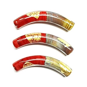 Curved Tube Red Gold Murano Glass Beige Brown &quot;Calcedonia&quot; Venetian bead